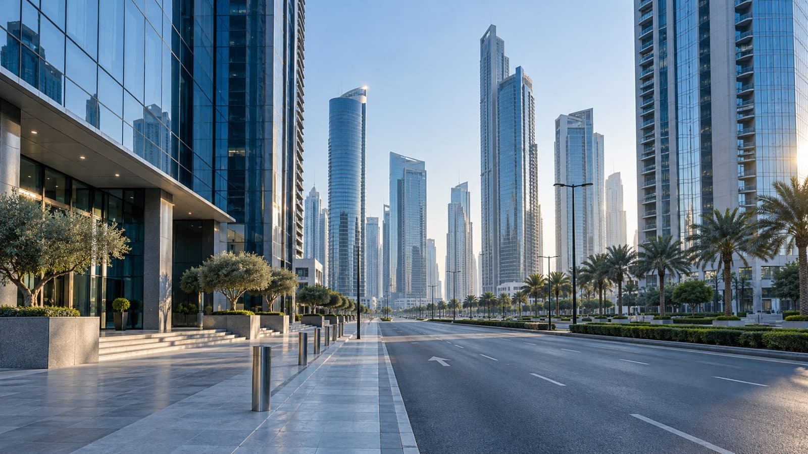 Business district street in Dubai at morning
